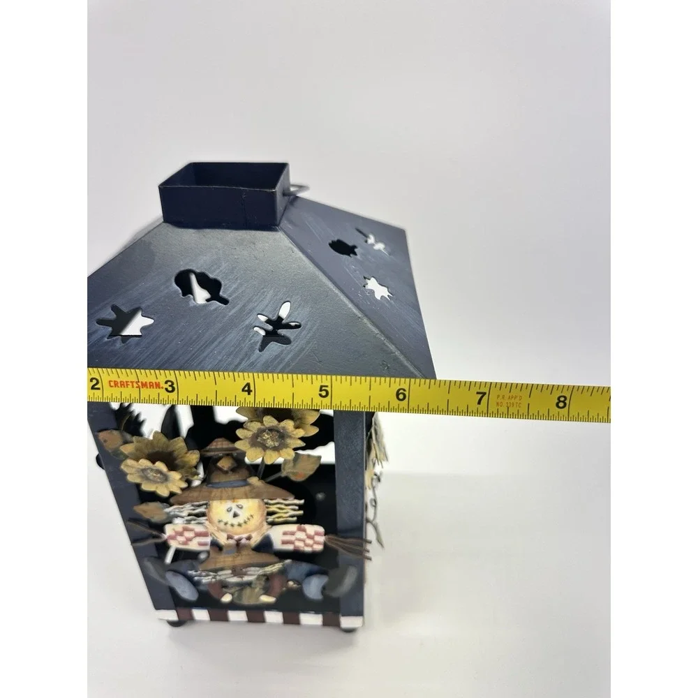 Laurie Korsgaden Fall Scarecrow Pumpkin Metal Lantern Candle Holder Folk Art